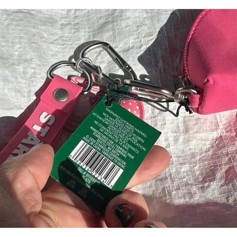 Starbucks Pouch Wristlet Keychain Pink Drink Strawberry Charm New 2026